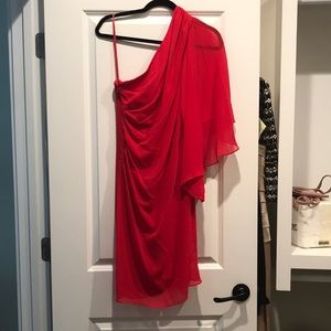 Elegant, Red-coral color, one shoulder dress.